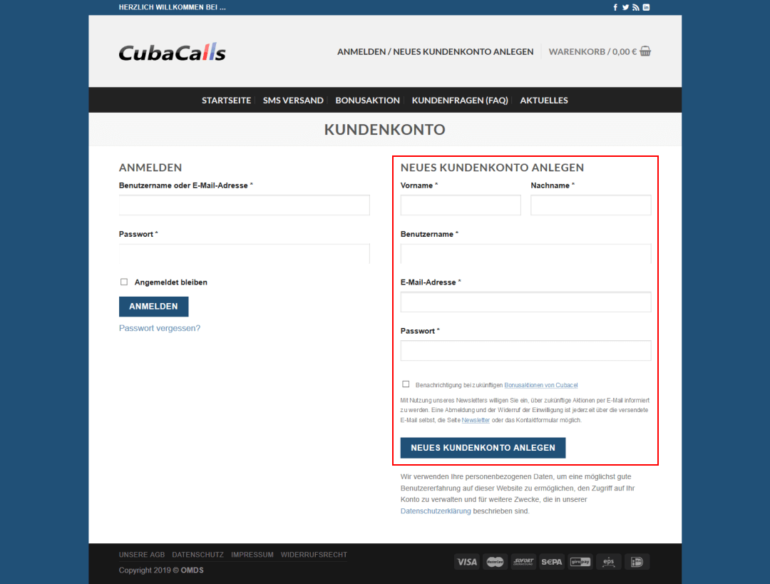 Cubacalls Kundenkonto anlegen